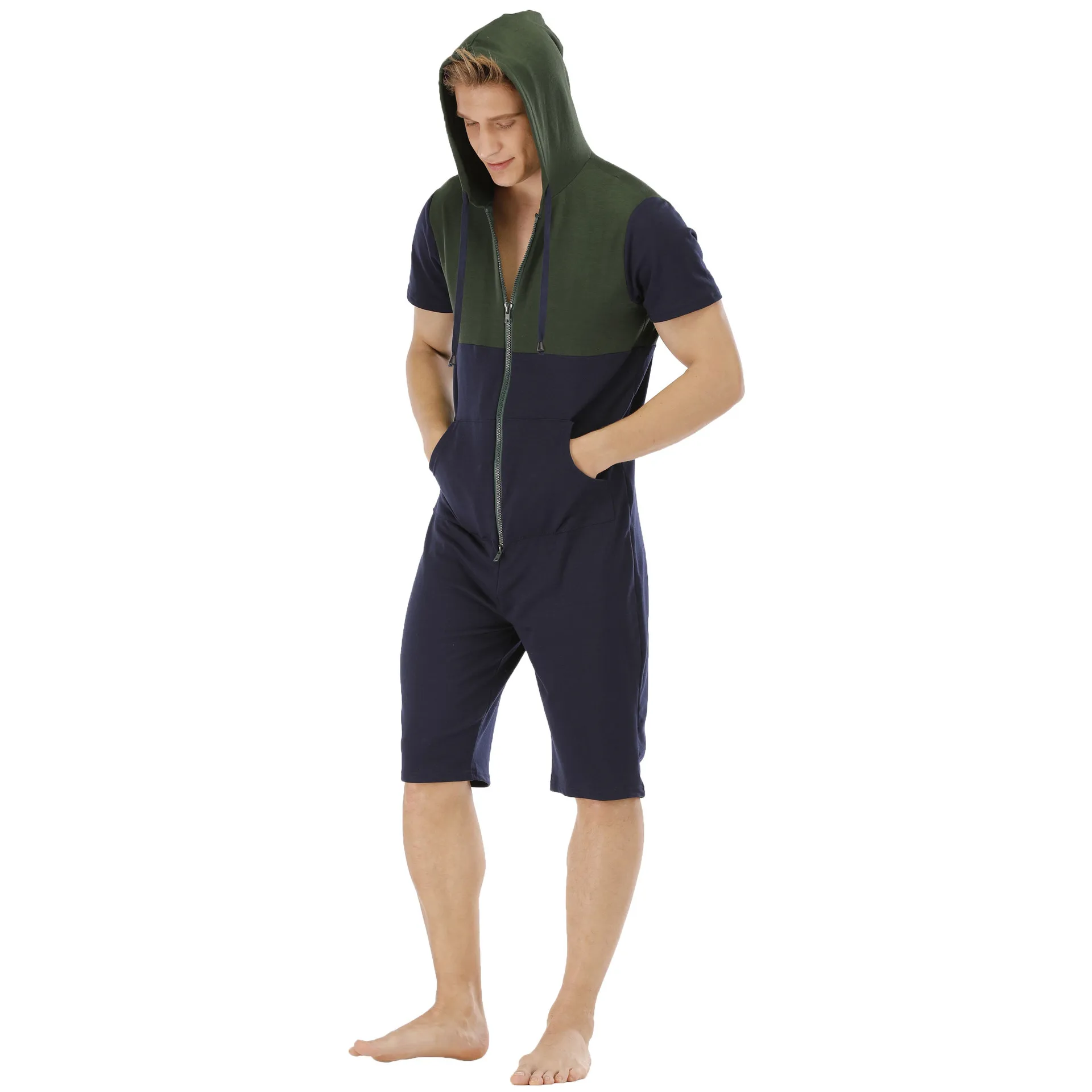New Men Onesie Patchwork Print Pajamas Sleepwear Summer Short Sleeve Costumes Hoodie Jumpsuits