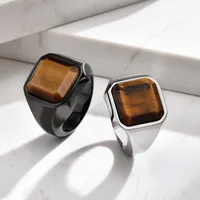 Brown Tiger Eye Stone Ring for Men Boys,Stainless Steel Geometric Square Stone Signet Ring,Causal Jewelry Gift
