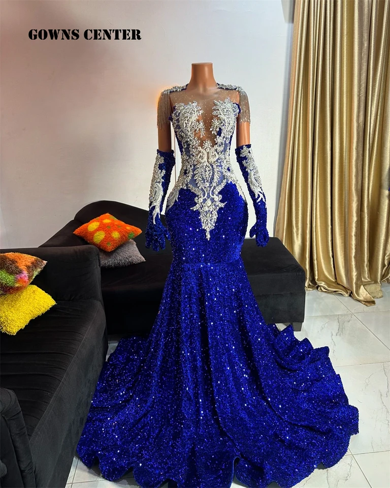 Royal Blue Prom Luxe Formal Dresses Chic Flowers Royal Blue Prom Party Gowns|  Long Sleeves