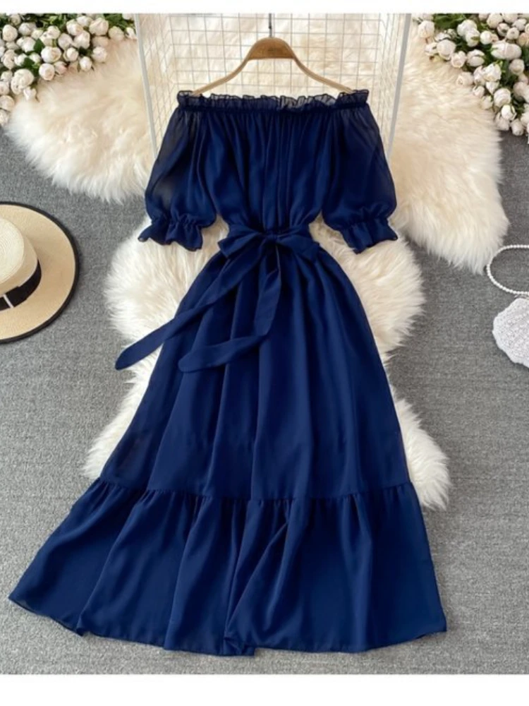 Beach Dress Women Sexy Off The Shoulder Slash Beach Chiffon Dresses Ladies Elegant A Line Bandage Party Dress Long Robe