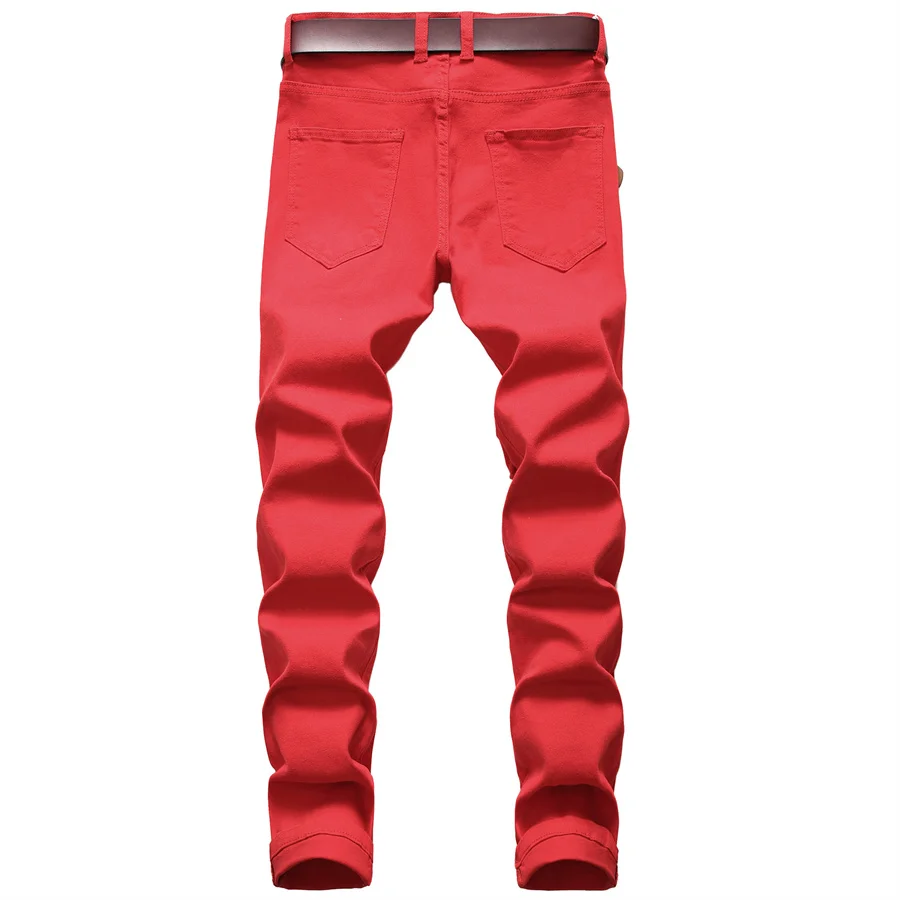 2025 New Men's Casual Jeans Trendy Red Hip Hop Holes Slim Denim Pants Ripped Trousers Versatile Stretch Distressed Pants Male 2