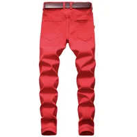 2025 New Men's Casual Jeans Trendy Red Hip Hop Holes Slim Denim Pants Ripped Trousers Versatile Stretch Distressed Pants Male 2