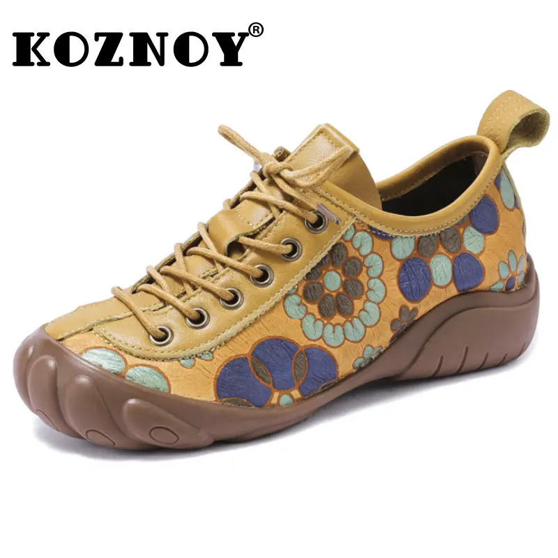 

Koznoy Comfy Flats 4cm Embossed Print Genuine Leather Spring Summer Autumn Soft Soled Lace Up Platform Women Ethnic Lady Shoes