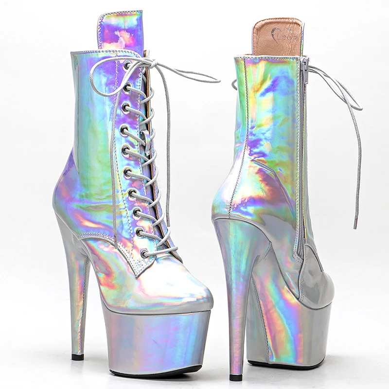 Leecabe Silver holo 17CM/7inches Pole dancing shoes High Heel platform Boots Pole Dance boot