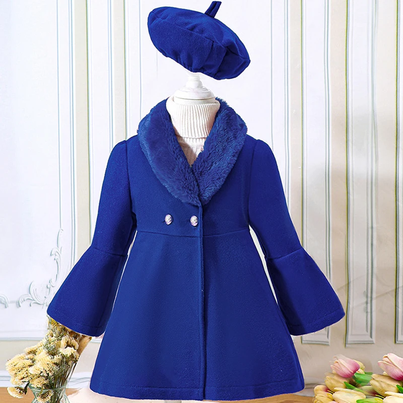 Girls Winter Coat Girls Outerwear Children's clothing for small and medium-sized girls winter style solid color patchwork fur collar woolen warm coat jacket