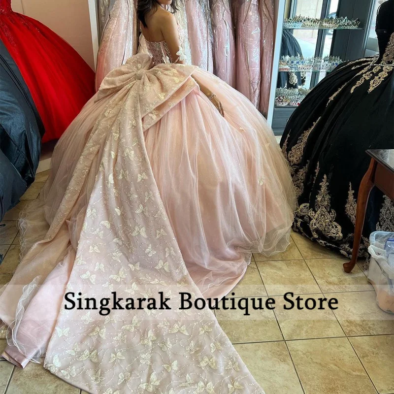 Quinceanera Dresses Pink Quinceanera Dresses Ball Gown Sweet 16 Dress Bow Butterfly Appliques Crystal Graduation Party Gowns Vestido De 15 anos