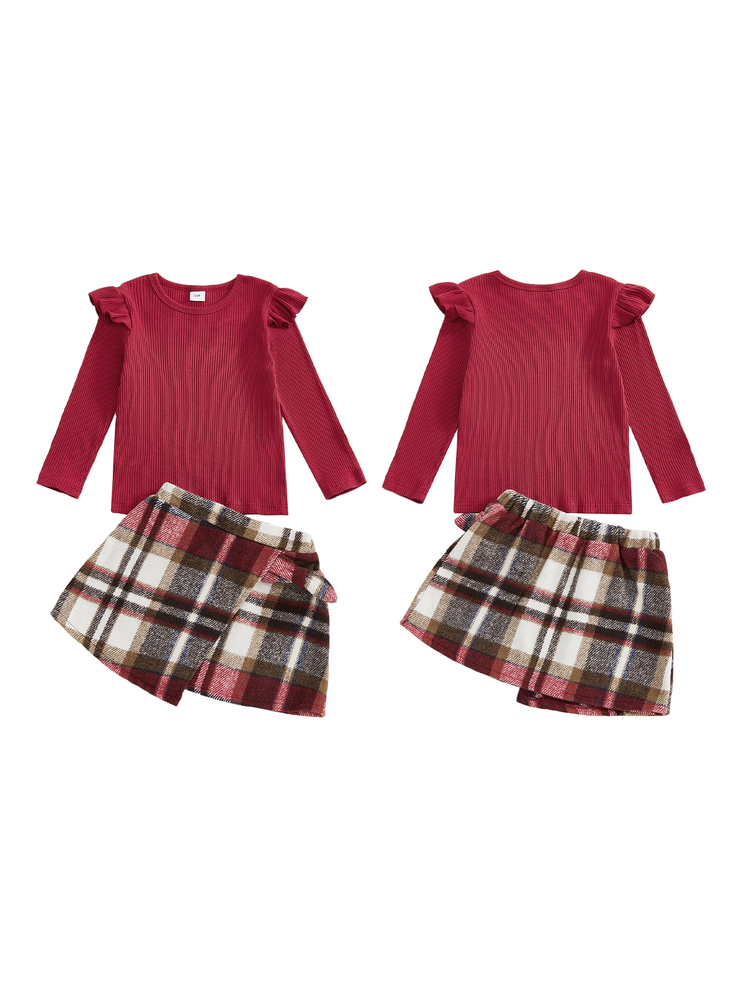 Adorable Baby Girls 2-Piece Spring Ensemble with Ruffled Sleeves and Plaid Skirt - Cute Toddler Outfit for Spring