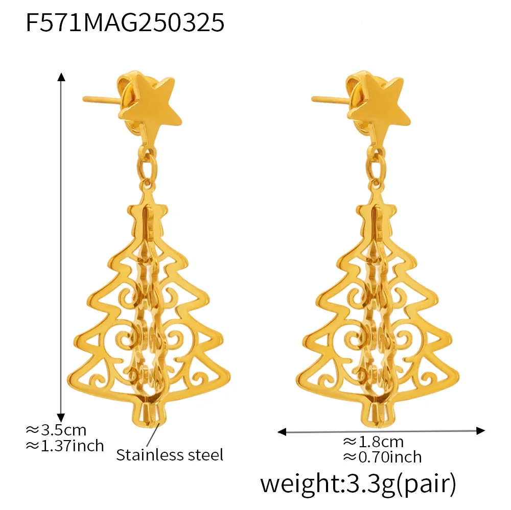Weihnachtsbaum-Anhänger Ohrringe für Damen, 316L Edelstahl Vergoldet, Hohle Luxus-Stern-Ohrstecker, Mädchenschmuck – Detail 1