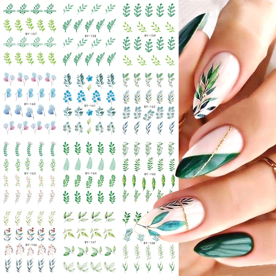 12pcs Green Leaves Stickers for Nails Summer Water Decals Watercolor Leaf Flower Nail Tattoos Slider Decorations LABY157-168 nail stickers nail art decoration nail decals