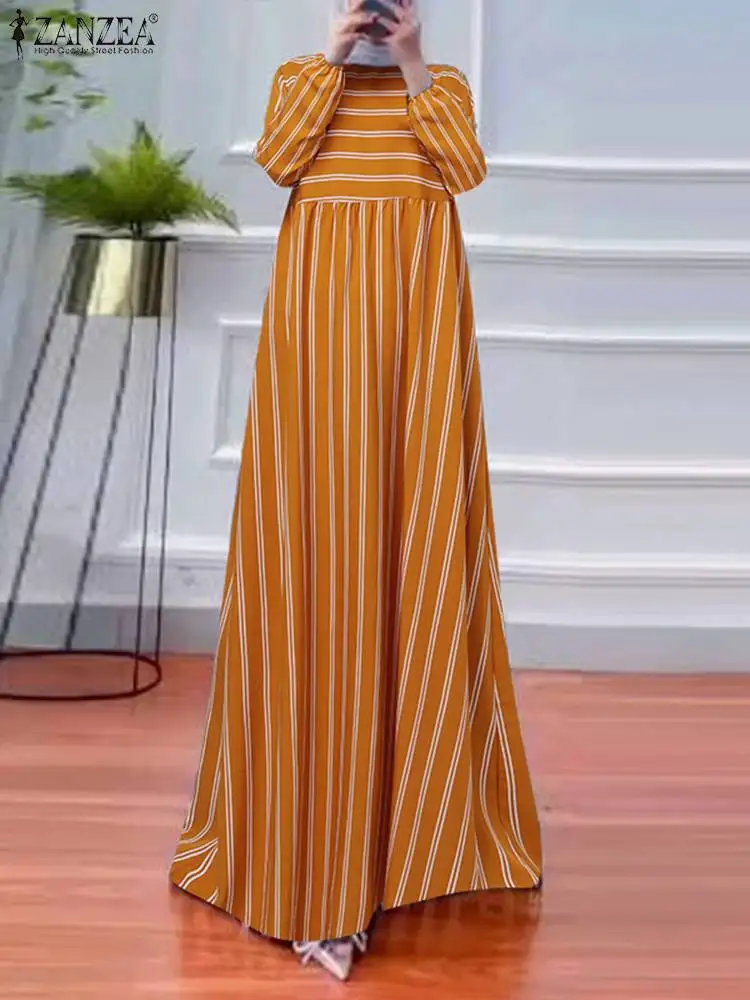 

Muslim Fashion Dresses ZANZEA Womens Casual Stripe Dress Elegant Long Sundress Party Robe Abayas For Women Long Sleeve Vestidos