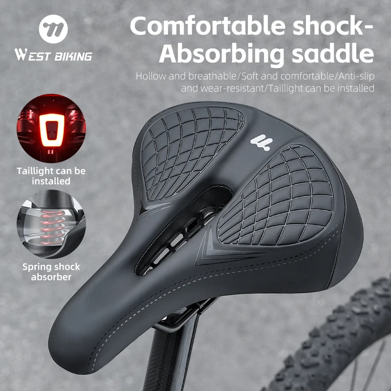 Bicycle saddle WEST BIKING Bicycle Saddle MTB Road Hollow Breathable Bike Seats Rainproof Shock Absorbing Comfortable Warning Lights Bike Seat
