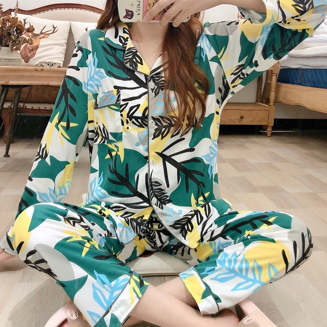 New 2021 Spring Summer Cotton 2 Piece Pajamas Set Women New Printed Colorful Sleepwear Long Sleeve Pajamas Female Sleep Homewear C ZD lvyezi