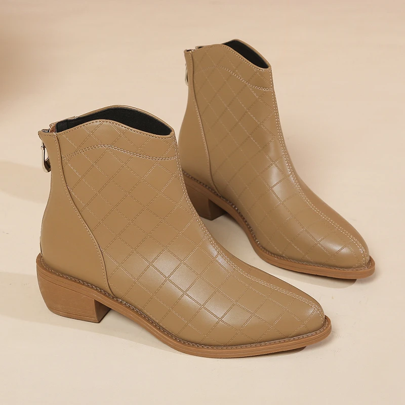 Women's Designer Brand Zipper Ankle Boots 2023 Autumn Winter New Fashion Pointed Toe Square Heels British Platform Shoes Pumps