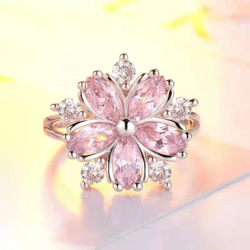 New Women Geometric Flower Ring Female Light Luxury Charm Crystal Stone Cherry Blossom Ring Jewelry Bagye Acier Inoxydable Femme