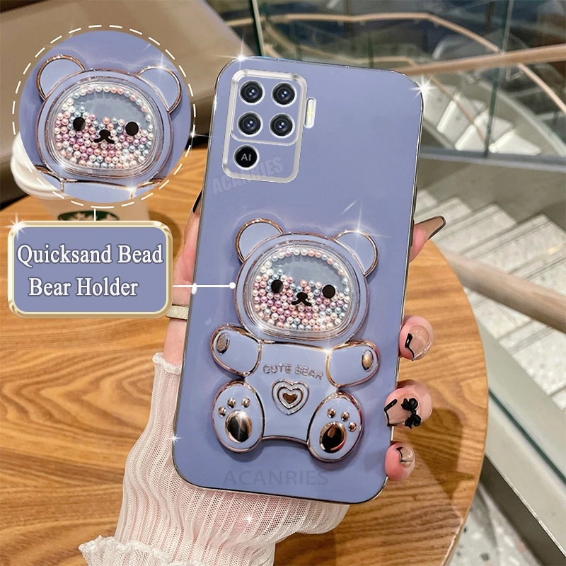 Cute Plating Quicksand Bear Stand Silicone Case