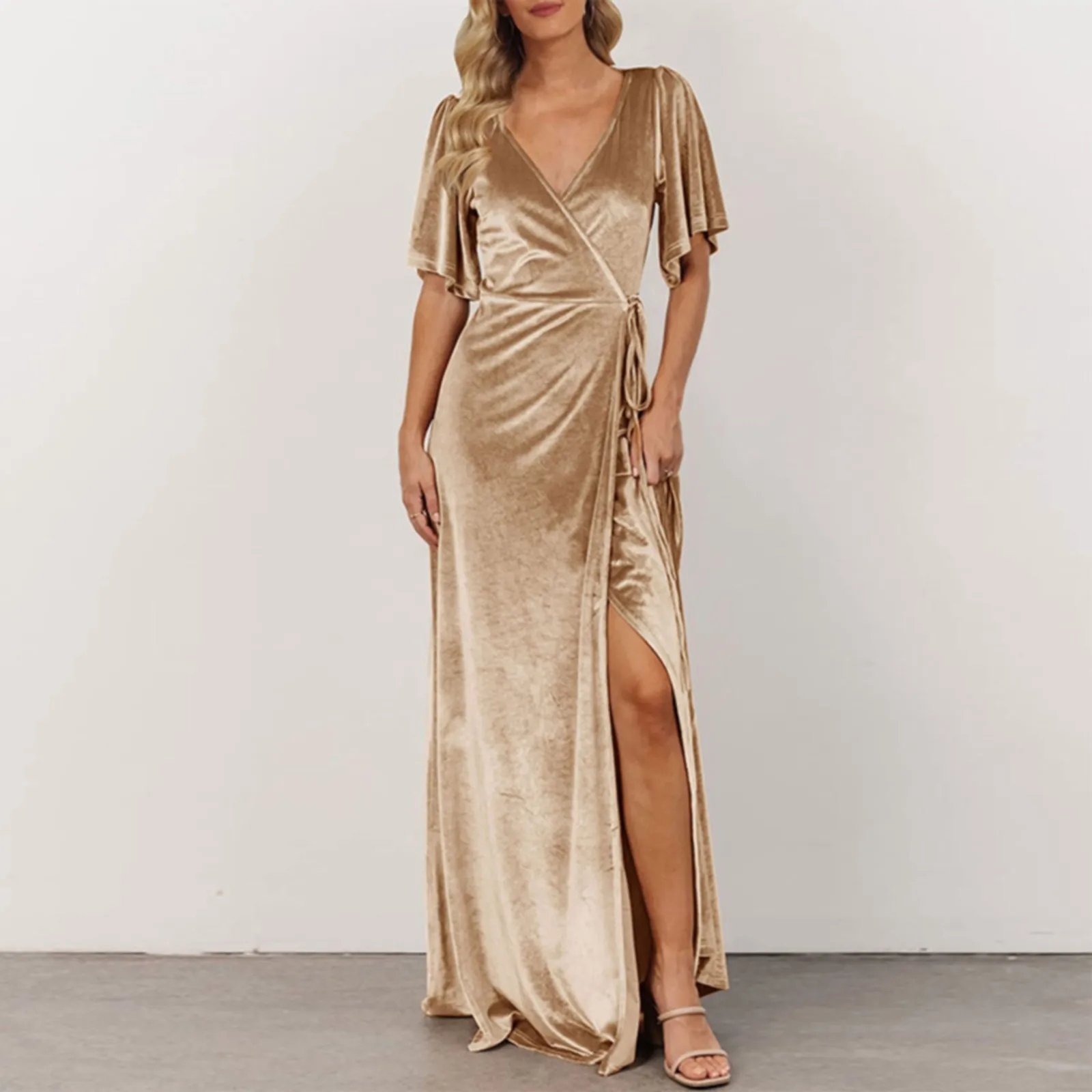 

V Neck Slit Sexy Bridesmaid Cocktail Dress Long Skirt Women's Wear Formal Dresses for Wedding Guest