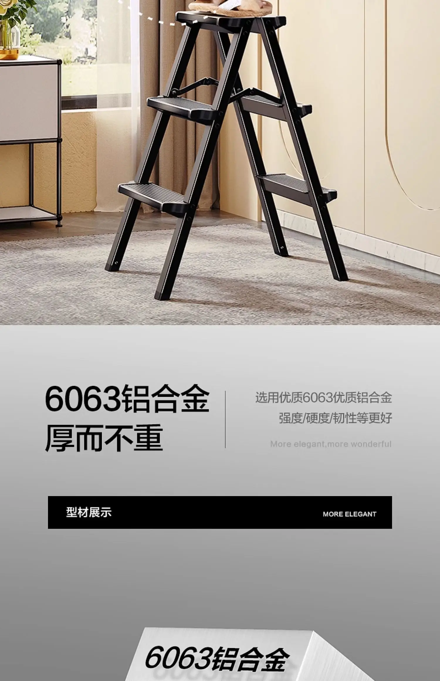 Heavy Duty Aluminum Folding Ladder - 3 Step Telescoping, Dual Sided Household Step Ladder with Tray, Space Saver