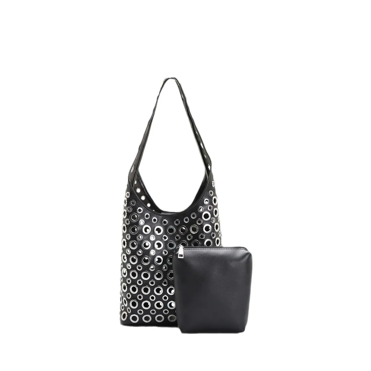 Punk Rivet Bucket Bags for Women Europe and America Hollow Women Shoulder Bag Vintage Metal Ring Designer Handbags Black Purse