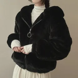 New Hooded Lamb Plush Jacket Women Autumn Winter Zipper Warm Fleece Outerwear Korean Women Chic Loose Thicken Fluffy Coat Female