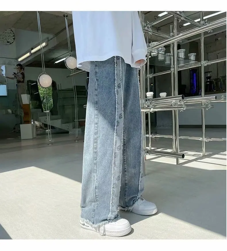 New Brand Men Pants denim jeans High Street Fashion Bandana Pattern Casual Unisex Loose Style Straight Leg Wide Long Trousers stretch jeans