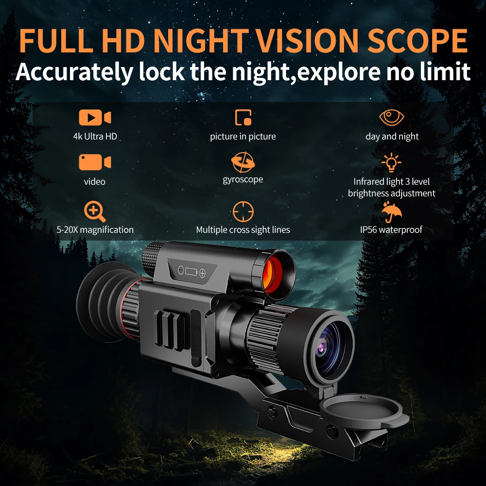 4K Hunting Night Vision Scope with PIP Video Rec Support 4X Digital Night Vision