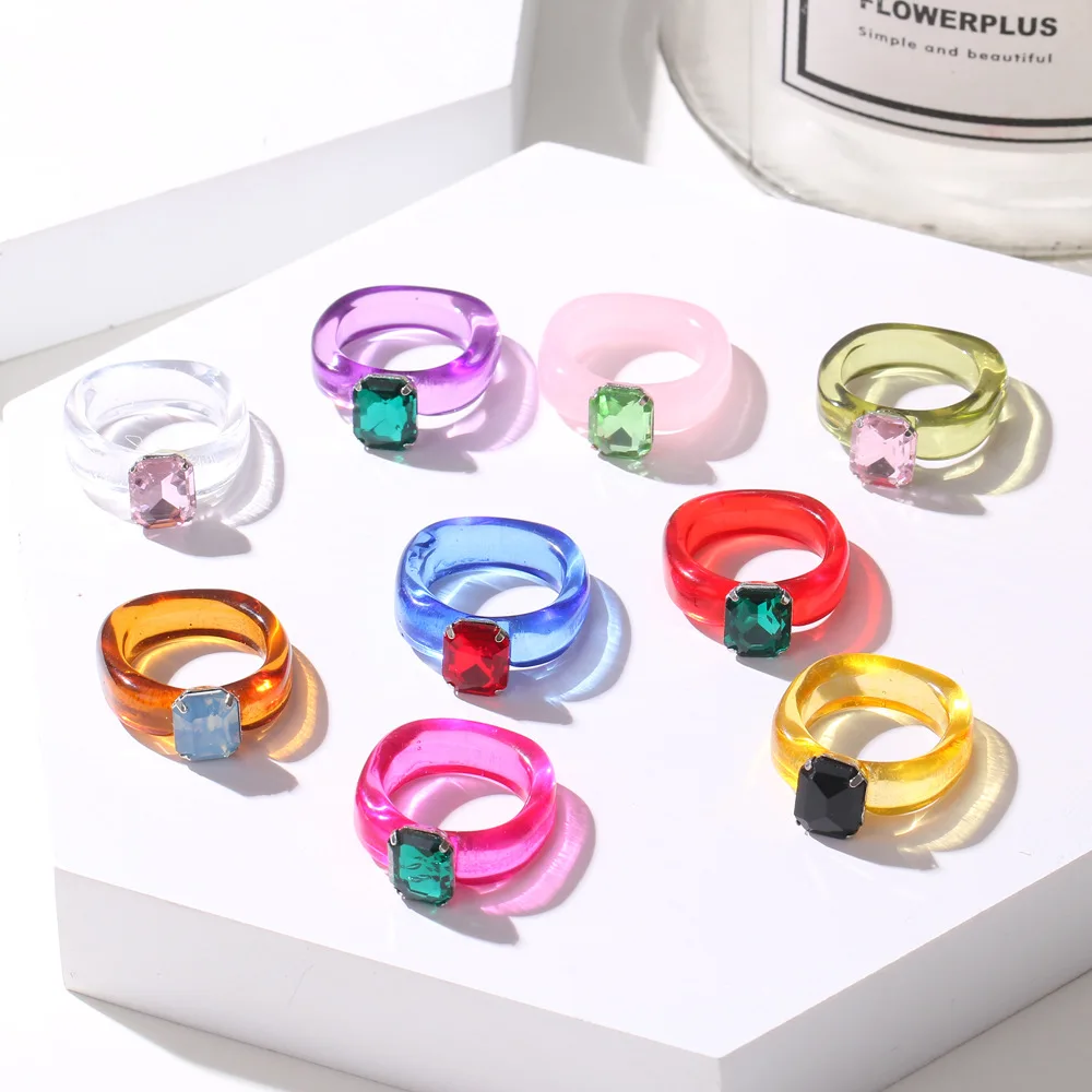 Trend Colorful Women's Resin Mood Ring Vintage Simple Acrylic Rings With Rhinestone Geometric Hip Hop Plastic Rings Jewelry finger ring