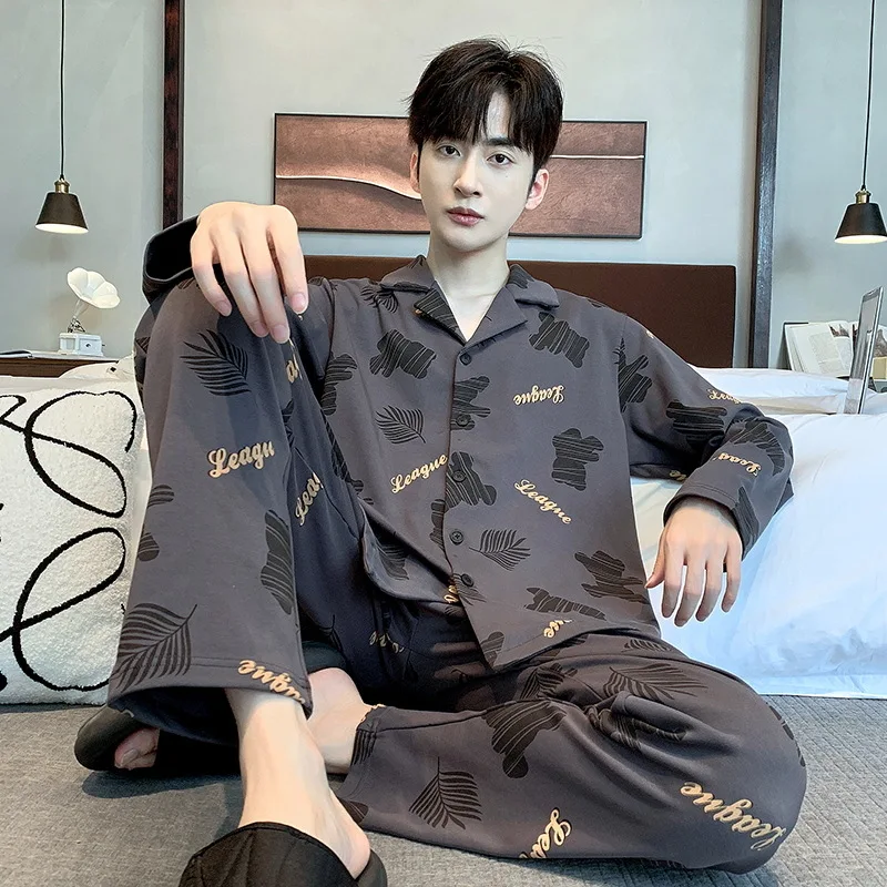 Autumn Winter Men's Pure Cotton Pajamas Polo Collar Long Sleeve Cardigan Oversized Comfortable Casual Home Clothing Set