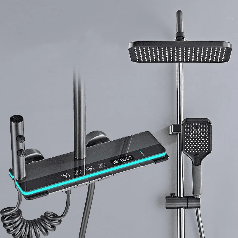 Ensemble de douche à affichage numérique de la température, système de robinetterie de douche chaud et froid avec lumière ambiante, pomme de douche de robinet de salle de bains