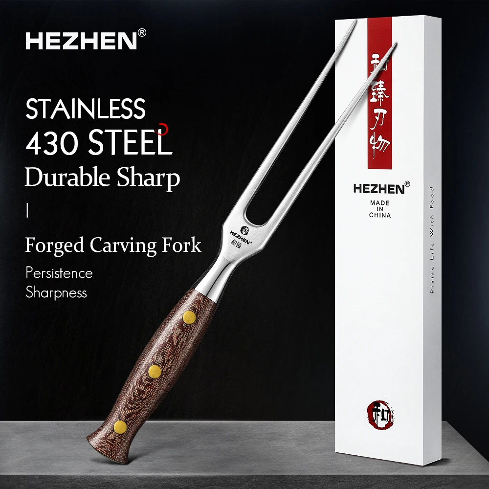 HEZHEN 430 Stainless Steel Carving Fork Micarta Handle Barbecue Fork BBQ Tools Two-toothed Fork Exquisite Handmade Box Packaging