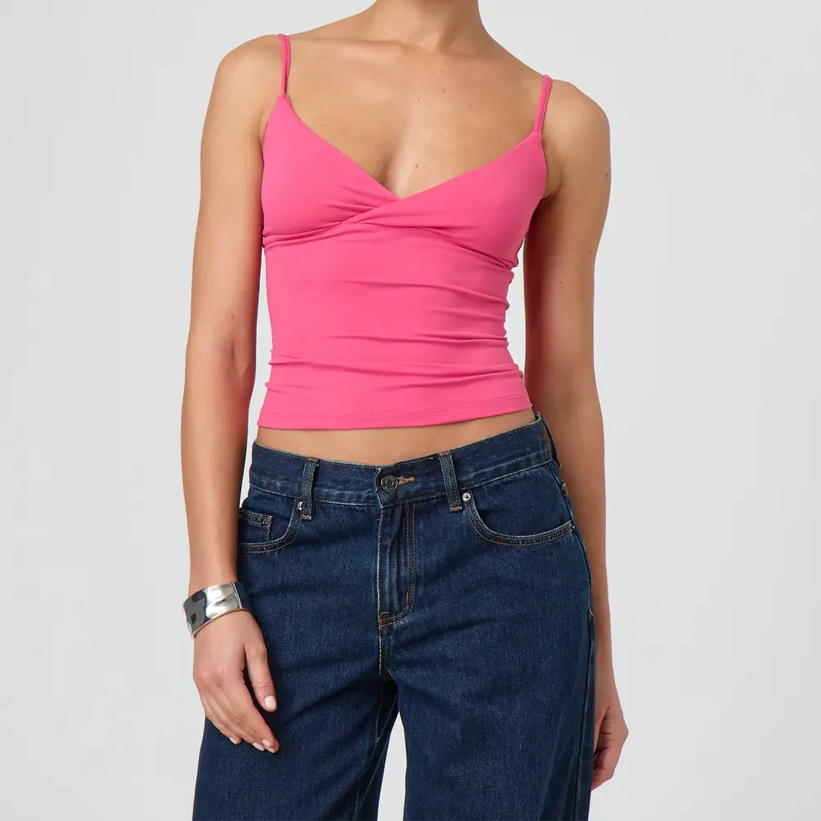 Y2k Clothes Women's Summer Cropped Cami Tops Sleeveless Open Back V Neck Solid Color Slim Fit Tank Tops 2