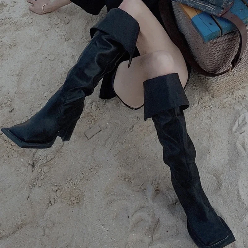 

Boots Women's Over The Knee 2022 New Thick Heeled Square Toed Leather Boots All Match Tall Knight Boots Fashion Design