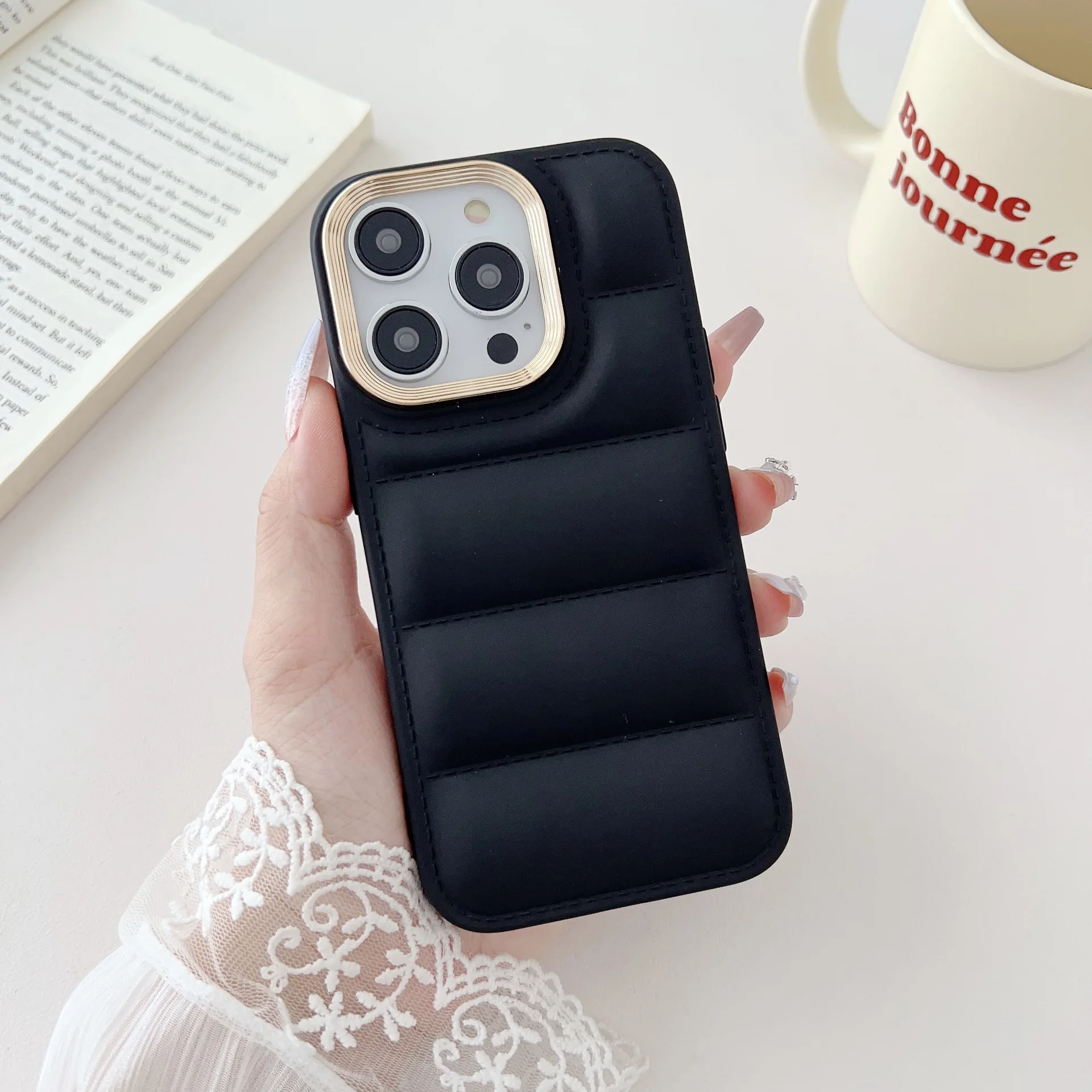 

For iPhone 15 14 13 12 11 Pro Max Plating Plastic Camera Edge Fashion Down Jacket Soft TPU Phone Case Back Cover