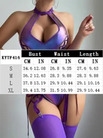 Bühne Clubwear Sexy Leder Dessous Glanz Strumpfband Unterwäsche Aushöhlen Erotischer Body mit Strümpfen Exotische Kleidung Teddies Set 6