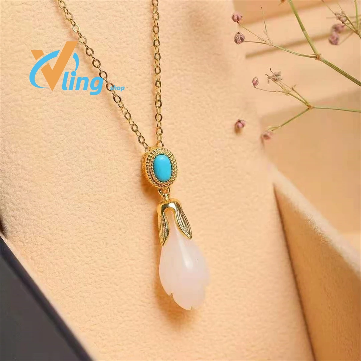 Wholesale Inlaid Gold Wire Jade Orchid Set Of Rings Necklace Earrings Charm RetroThree Piece Set Of Antique JewelryFashion Gift