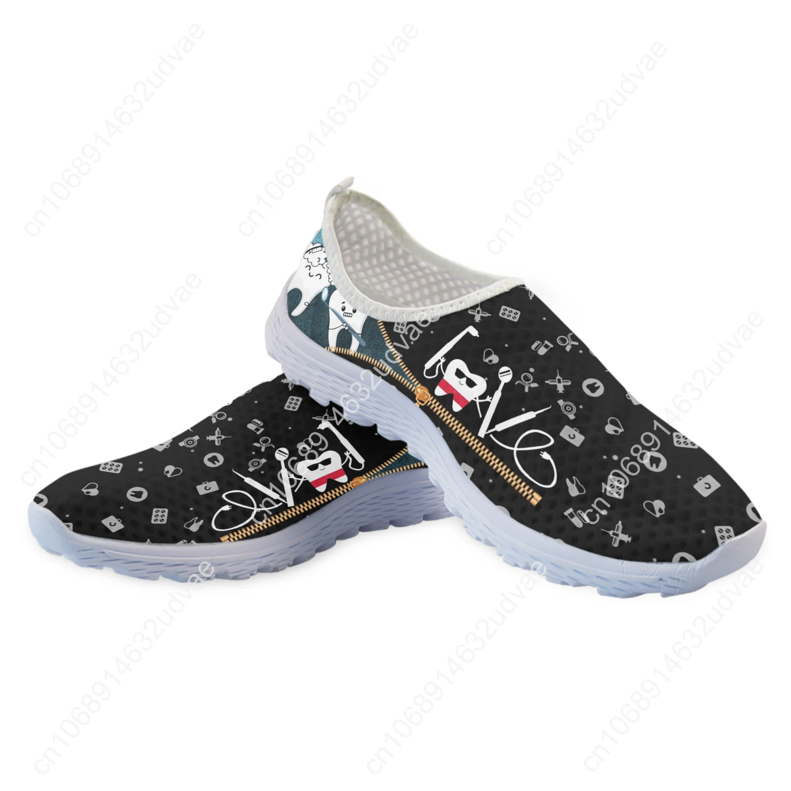 Black Funny Cartoon Teeth Print Ladies Summer Mesh Shoes Comfortable Lightweight Slip On Footwear Mesh Sneakers