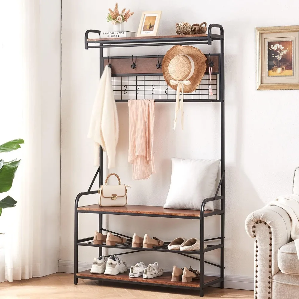 

Coat Rack With Shoe Bench Kitchen Storage 5-In-1 Hall Tree With 11 Hooks and 2 Hanging Rods for Entryway Trolley Furniture Home