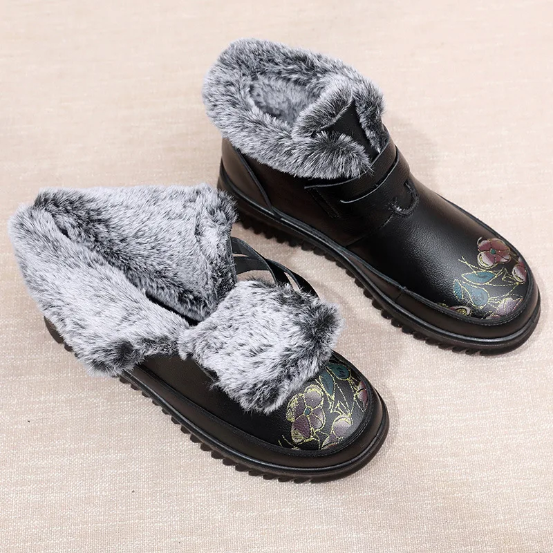 

Winter Boots Women Genuine Leather Flat Ankle Boots Ladies Plus Velvet Warm Short Boots Mother Waterproof Non-slip Snow Boots