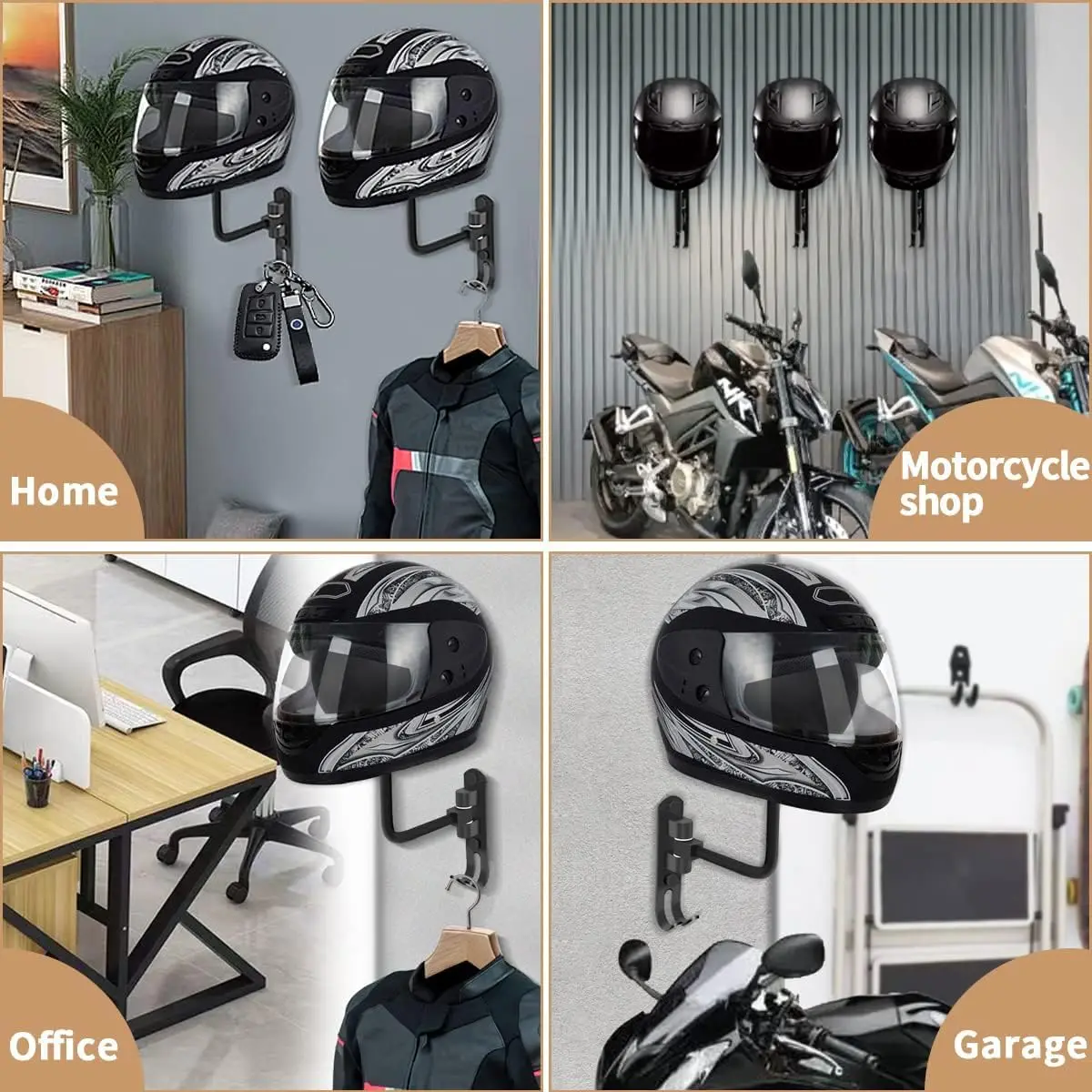 Motorcycle Helmet Rack, Helmet Holder Wall Mount 180&deg; Rotation Hanger with 2 Hook for Coats, Caps