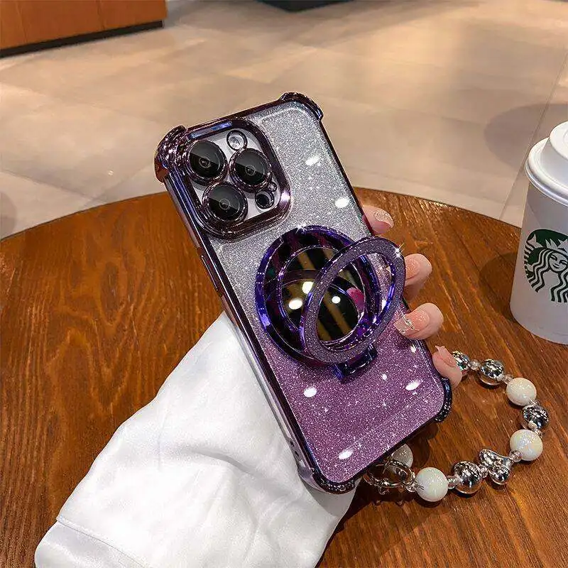 Glitter Make Up Case with Magsafe Holder and Pearl Chain Design