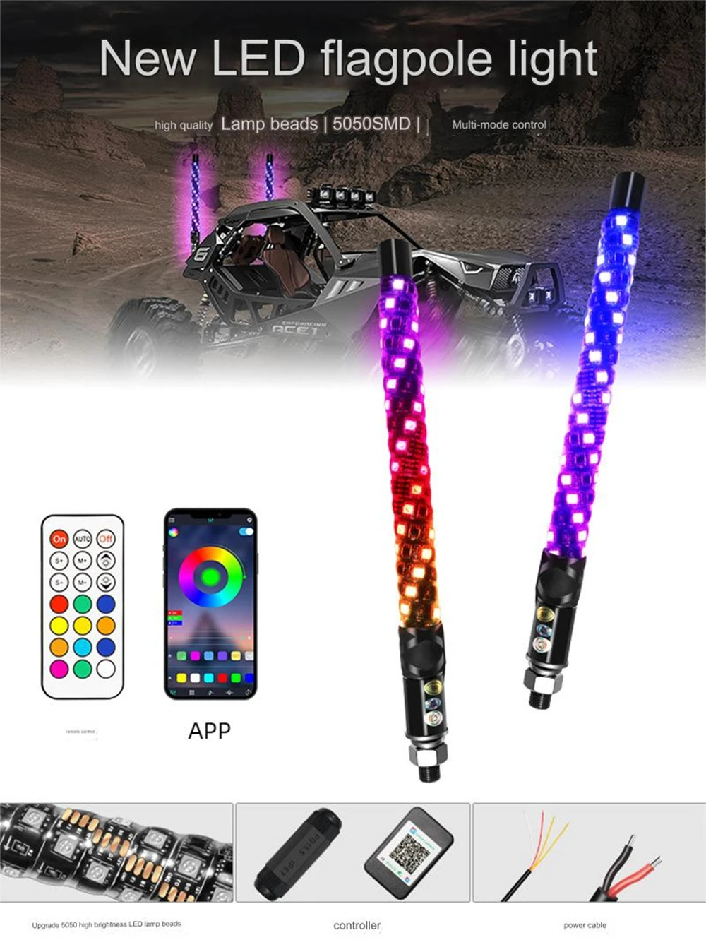 2 Stück LED-Whip-Lichter RGB LED-Lauflichter App-gesteuerte LED-Antennen-Leuchten Spiral-Go-Leuchten für UTV ATV – Detail 1