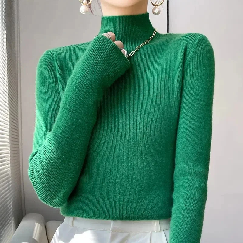

Autumn Winter Korean Femme Pullover Thick Knitted Women's Half Turtleneck sweater Long sleeve Women Warm jumper