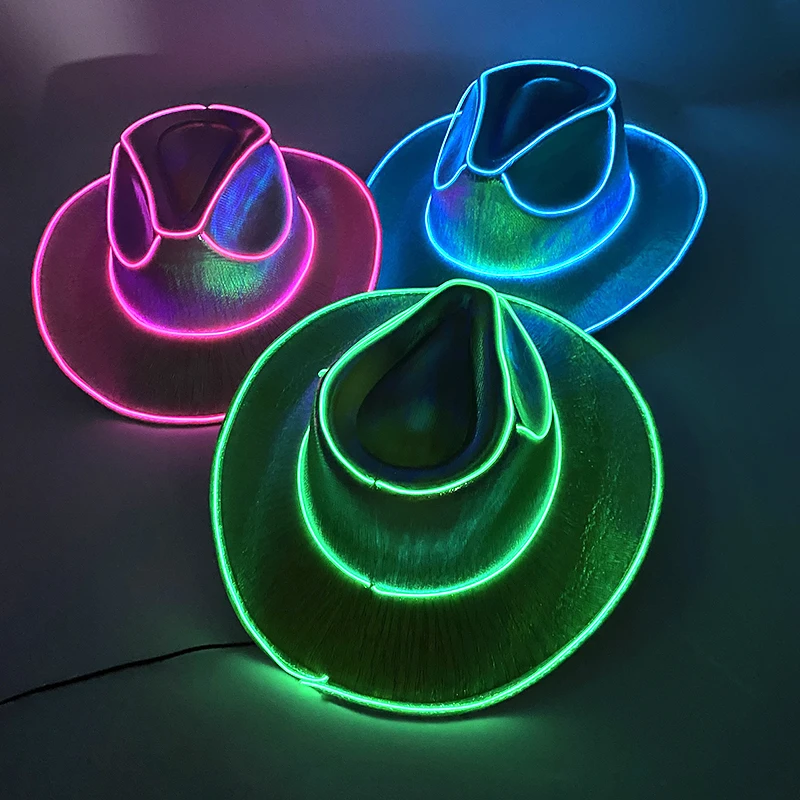 Sombrero De Vaquero Con Luces LED De Neón Y Purpurina, Funciona Con Pilas, Ideal Para Fiestas De Halloween Y Discoteca
