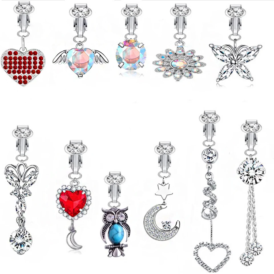 Clip-On Belly Button Ring - Two Hearts Dongle Fake Navel Piercing, Silver Color