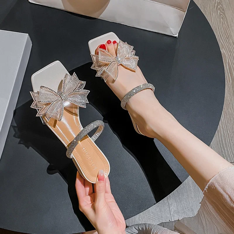 Plus Size Women Shoes Summer Crystal Mesh Bowknot Sandals Girl Low Heels Pumps Ladies Casual Shoes women sandals women flats comfortable sandals
