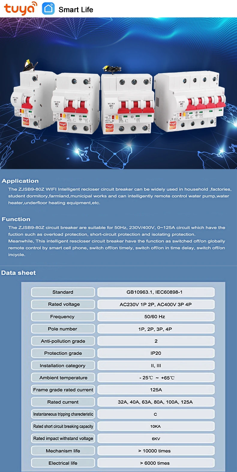 Tuya Smart Life 63A 4P WiFi Smart Circuit Breaker Power Monitoring Switch Remote