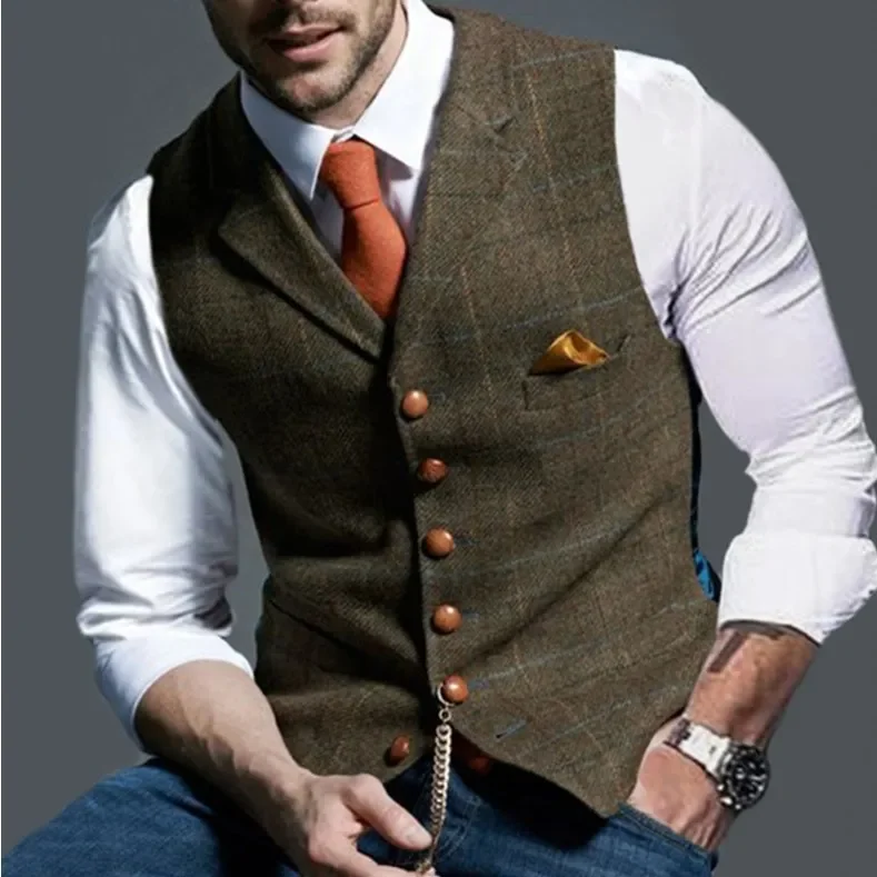 

Men's Casual Classic Suit Vest Retro Herringbone Lapel Cotton Blended Tweed Slim Business Commuter Suit Lined Vest S-3XL