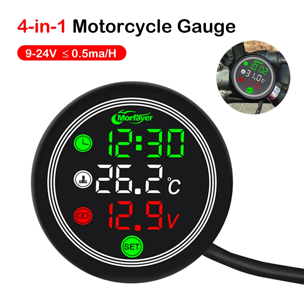 Motorcycle Thermometer LED Digital Display 9-24V Electronic 4 In 1 Water Temperature Meter Voltmeter Gauge Low Voltage Alarm