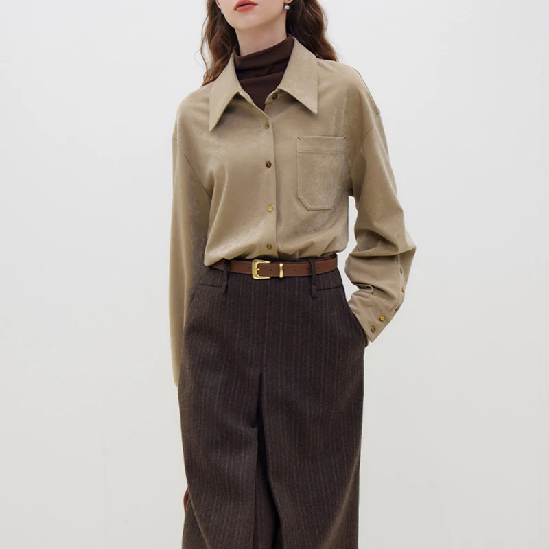 QOERLIN Brushed Corduroy Women White Shirts High Quality Turn-Down Collar Long Sleeve Button Up Blouse Office Ladies Tops Blouse
