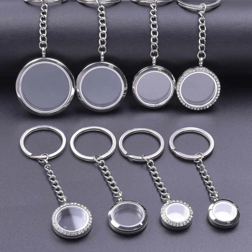 1Pc 20-40mm 라운드 유리 메모리 동전 홀더 로켓 펜던트 키 체인 스테인레스 스틸 생활 그림 Relicario 열쇠 고리 쥬얼리