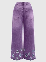 Plus Size Womens Loose Fit Jeans Printed Denim Pants Elastic Waist Comfort Stretch Trousers Floral Embroidery Women's pants - Image 3